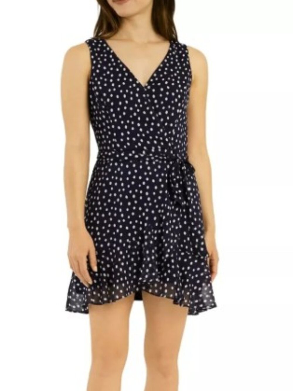 BCX Navy White Polka Dot Faux Wrap Ruffle Dress Size L